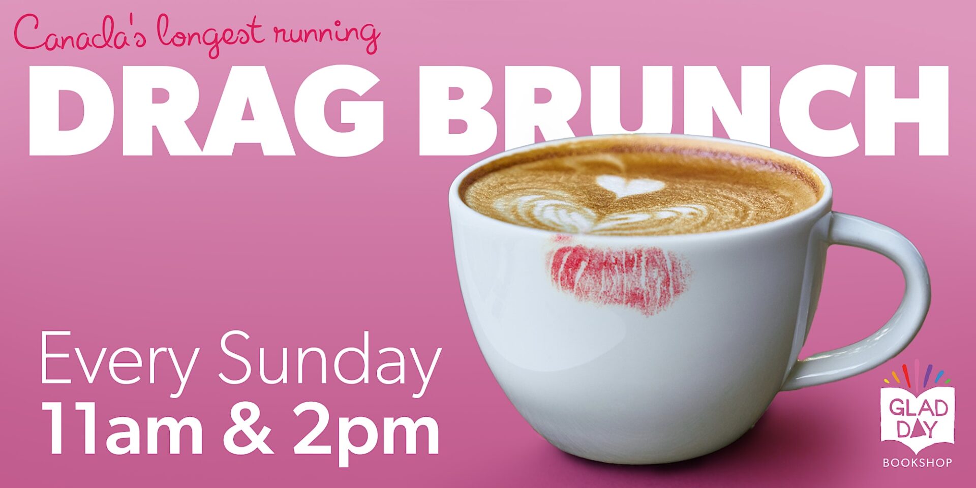 A banner of drag brunch with a cup of coffee