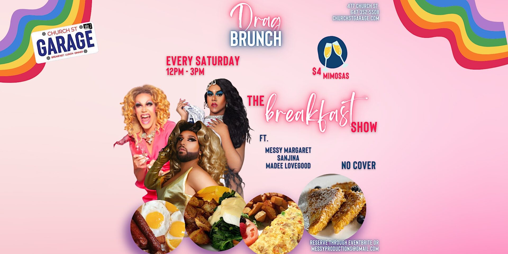 A poster of drag brunch with lots of food in it.